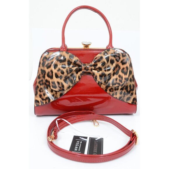 Lipstick Red Shiny Leopard Bow Chunky Diamond Closure Handbag Purse Crossbody - Picture 2 of 11